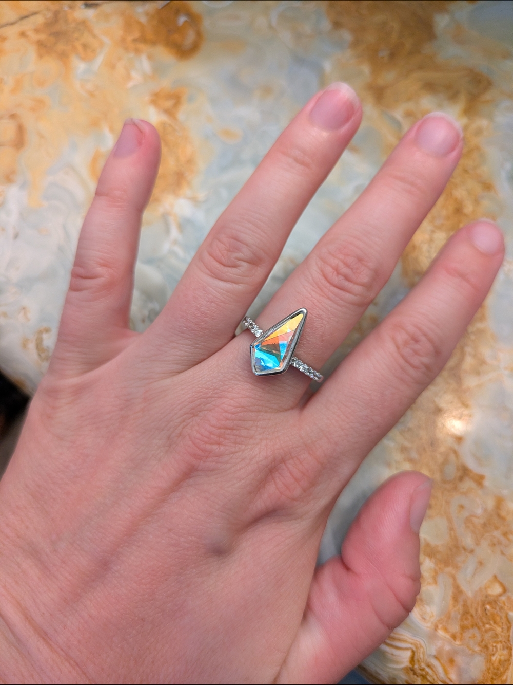 Fragrant Jewels Unicorn Tea Aurora Crystal Teardrop Ring Iridescent Blue Accent